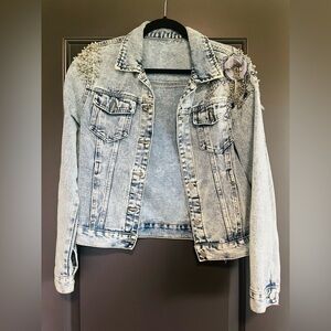 Acid Wash Denim Jacket Embellished Pearls Rhinestones Lavender Rose Boho Edgy